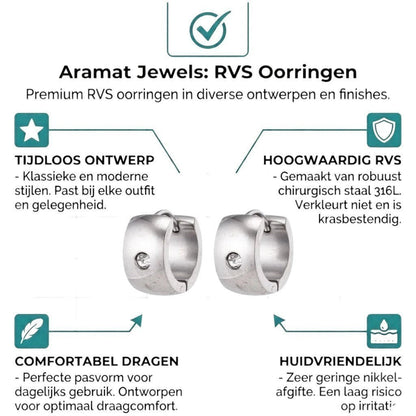 Aramat Jewels silver-colored wide stainless steel hoop earrings with a clear cubic zirconia stone. Unisex design, 13mm diameter, 7mm width.