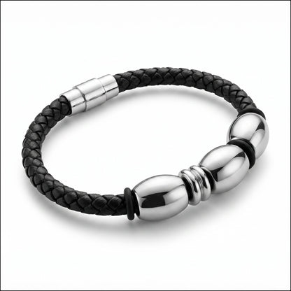 Aramat Jewels zwarte gevlochten leren heren armband met RVS magneetsluiting en kralen