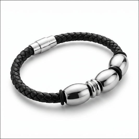 Aramat Jewels zwarte gevlochten leren heren armband met RVS magneetsluiting en kralen