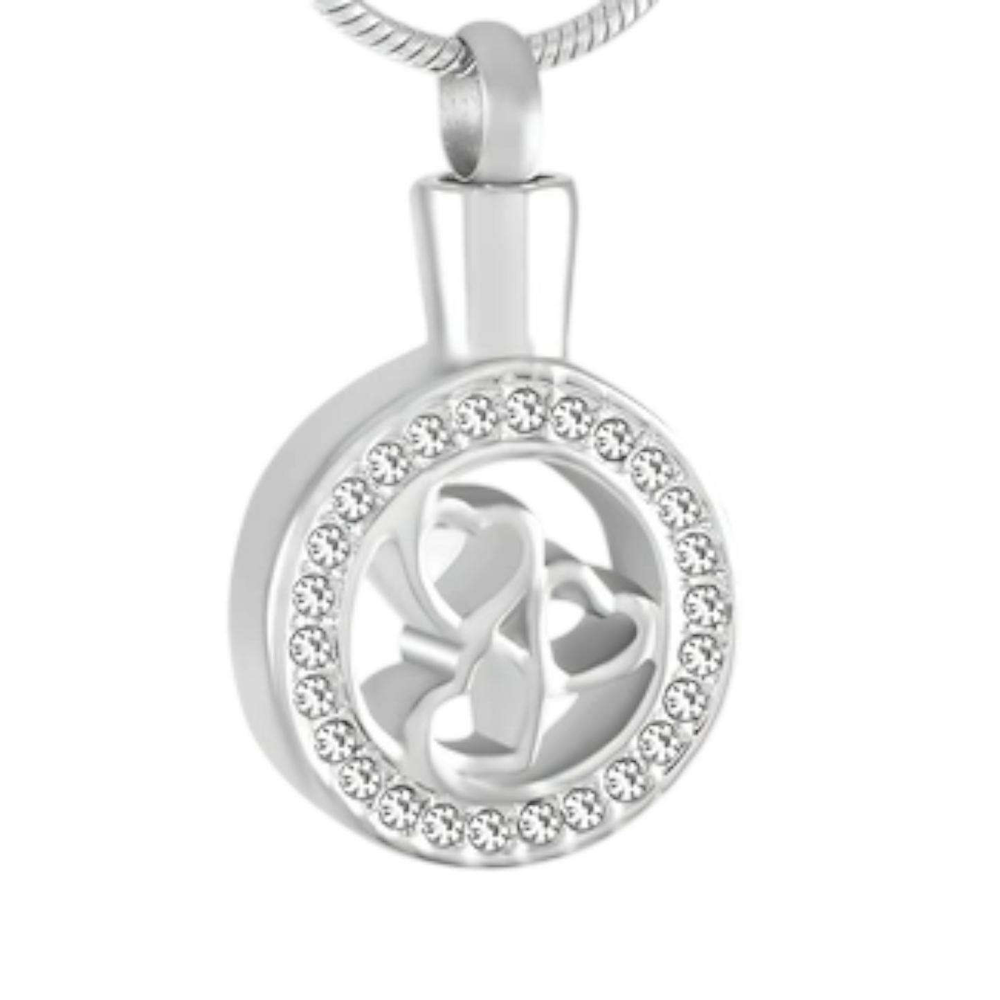 Round ash pendant with 3 hearts and a crystal edge