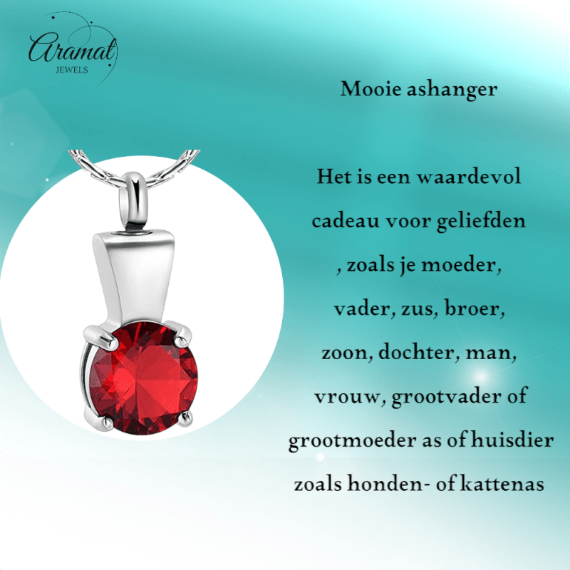 Ashanger met Rode Zirkonia - Zilverkleurig RVS - 28x12 mm-Gedenkhangers uniseks -28mm-Aramat Jewels-