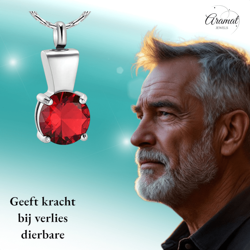 Ashanger met Rode Zirkonia - Zilverkleurig RVS - 28x12 mm-Gedenkhangers uniseks -28mm-Aramat Jewels-