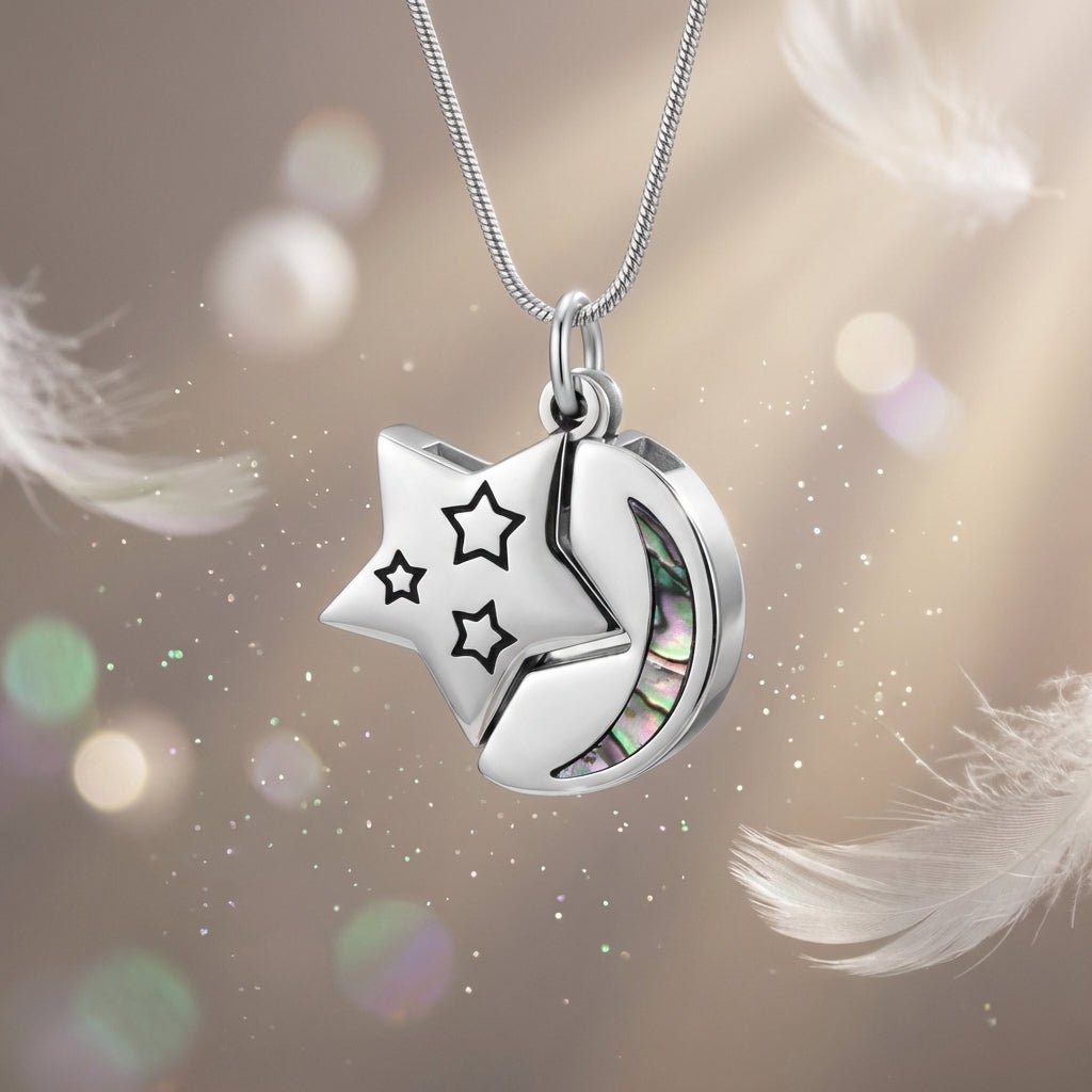 Ashanger Ster en Maan - Zilverkleurig RVS met Abalone - Aramat Jewels - Gedenkhangers - cadeautip