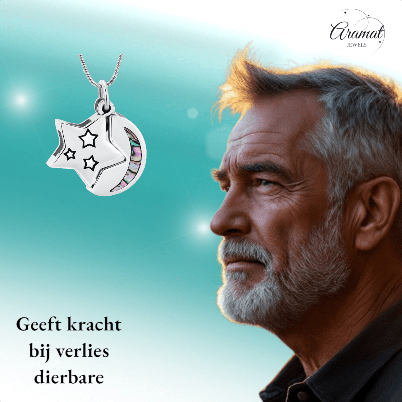 Ashanger Ster en Maan - Zilverkleurig RVS met Abalone - hang1475 - IJD20083 - Gedenkhangers kopen# - 22mm - Abalone - alles