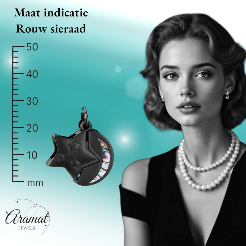 Ashanger Ster en Maan - Zwart RVS met Abalone - hang1474 - IJD20083 - Gedenkhangers kopen# - 22mm - Abalone - alles