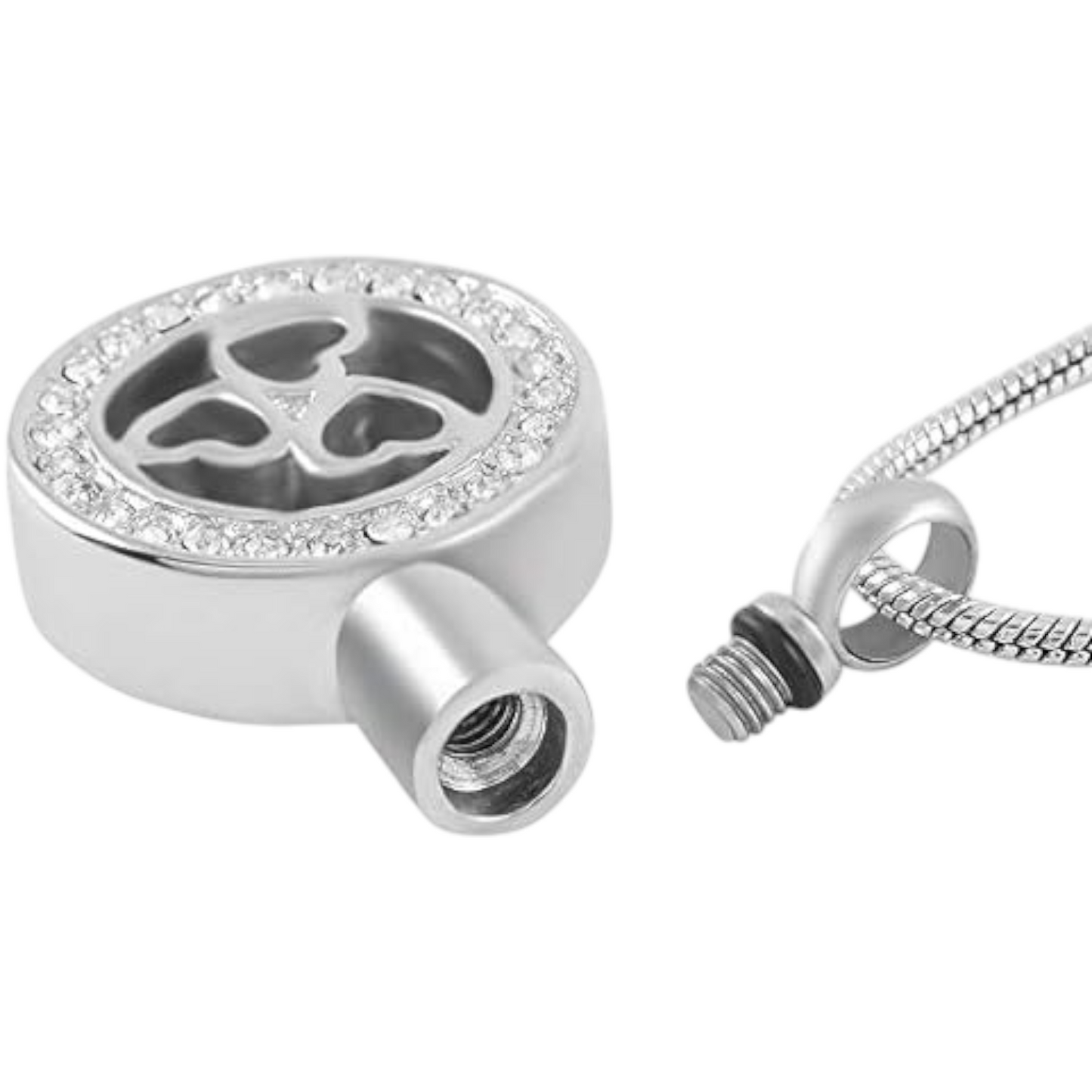 Round ash pendant with 3 hearts and a crystal edge