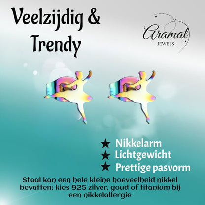 Ballerina Oorstekers RVS – Multikleur 11mm - Aramat Jewels - Oorbellen - cadeautip