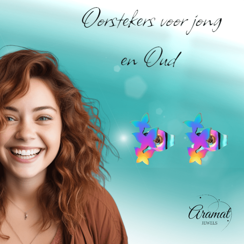 Bar oorstekers multikleur – 3 vlinders – 10x6mm - Aramat Jewels - Oorbellen - cadeautip
