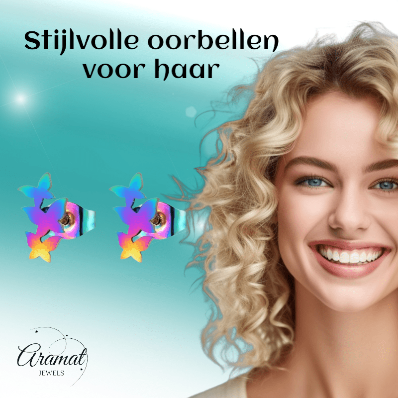 Bar oorstekers multikleur – 3 vlinders – 10x6mm - Aramat Jewels - Oorbellen - cadeautip