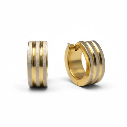 Earrings – Matte Bicolor Stainless Steel Three Stripes Silver/Gold (13x4mm)