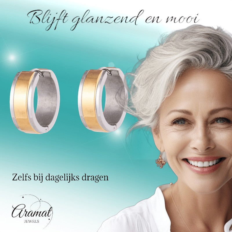 Bicolor RVS Oorringen met Goudkleurige Streep 13x7mm - oor5818 - se28070 - Oorringen kopen# - 13mm - 7mm - alles