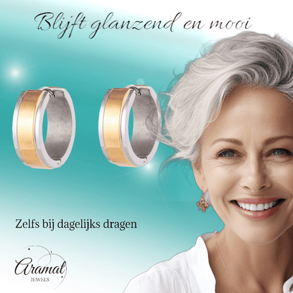 Bicolor RVS Oorringen met Goudkleurige Streep 13x7mm - oor5818 - se28070 - Oorringen kopen# - 13mm - 7mm - alles