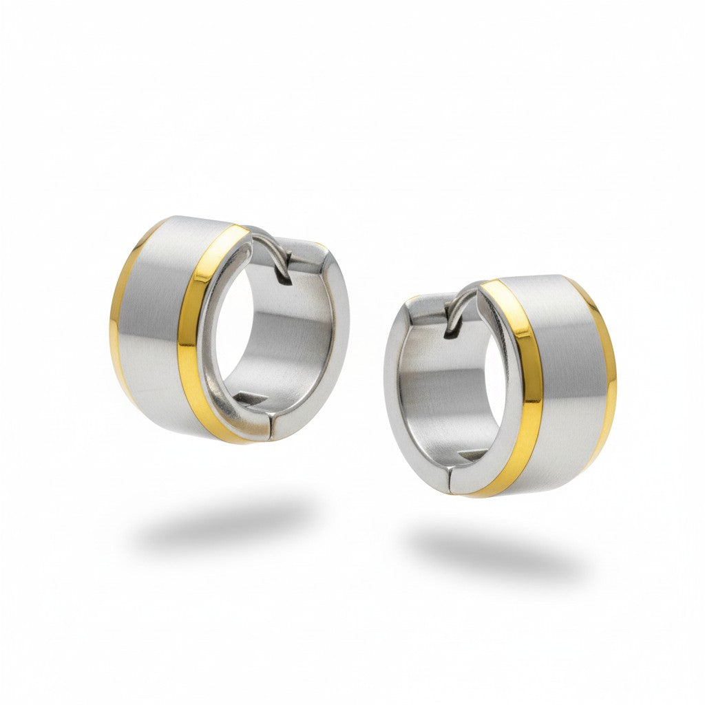 Earrings – Bicolor Stainless Steel with Wide Silver-Colored Stripe (13mm) 