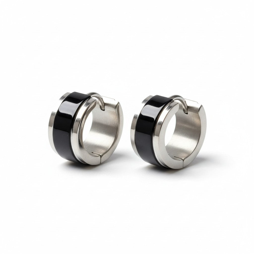 Earrings – Bicolor Stainless Steel Gloss Black/Silver (13x7mm) 