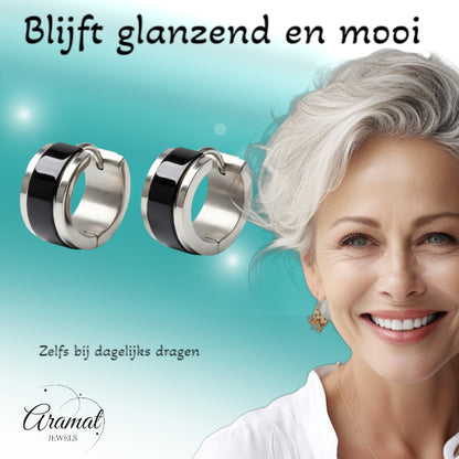 Earrings – Bicolor Stainless Steel Gloss Black/Silver (13x7mm) 