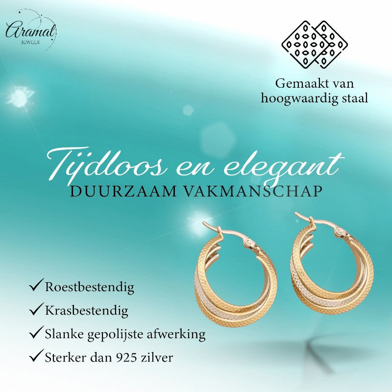 Bicolor Triple Oorringen 35mm – Ruitjesmotief & Stainless Steel - oor6353 - 49847 - Oorringen kopen# - 35mm - alles - bicolor