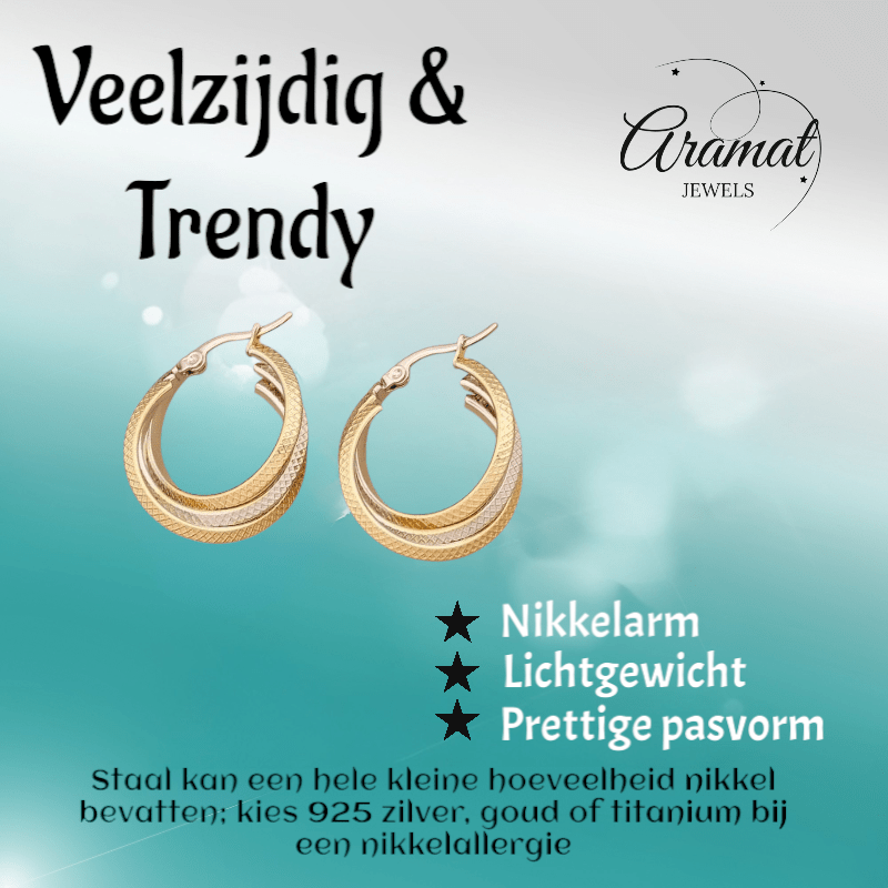 Bicolor Triple Oorringen 35mm – Ruitjesmotief & Stainless Steel - oor6353 - 49847 - Oorringen kopen# - 35mm - alles - bicolor