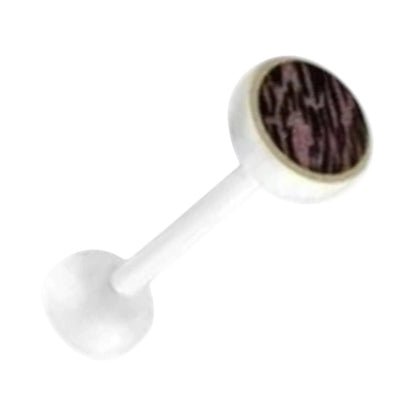 Aramat Jewels white bioplast tongue piercing with a pink and black animal print design on the bottom ball.