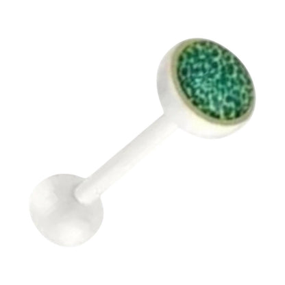 Aramat Jewels white bioplast tongue piercing with a green animal print design on the bottom ball.