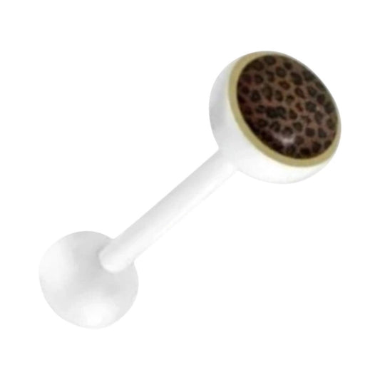 Aramat Jewels white bioplast tongue piercing with leopard print accent on the bottom ball. 16mm bar, 1.6mm gauge.