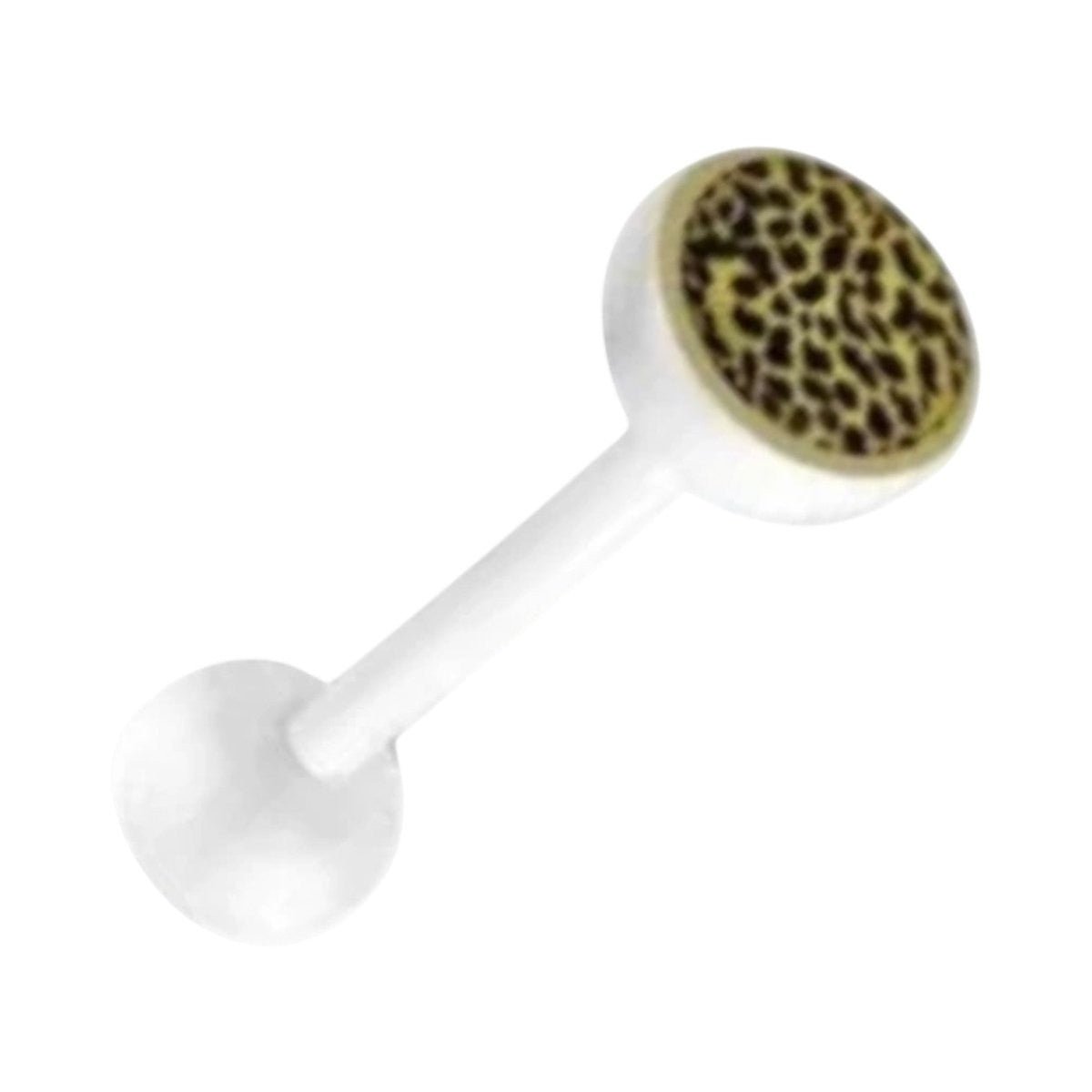 Aramat Jewels white bioplast tongue piercing with a leopard print design on the bottom ball. 16mm length, 1.6mm gauge.