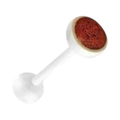Aramat Jewels white bioplast tongue piercing with a red animal print design on the bottom ball.