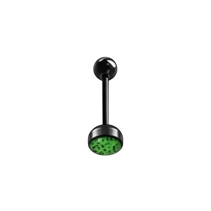 Aramat Jewels black bioplast tongue piercing with green animal print design. 1.6mm gauge, 16mm length.