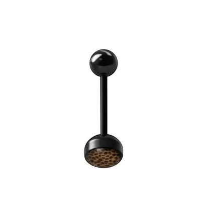 Aramat Jewels black bioplast tongue piercing with leopard print design. 1.6mm gauge, 16mm length.