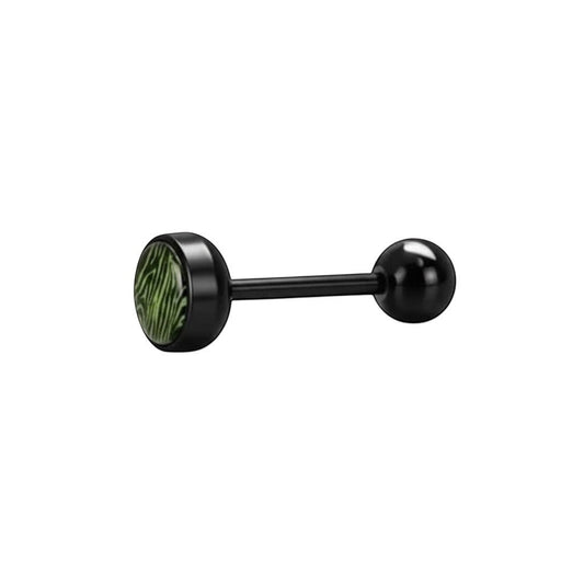 Aramat Jewels black bioplast tongue piercing with green zebra print design. 1.6mm gauge, 16mm length.
