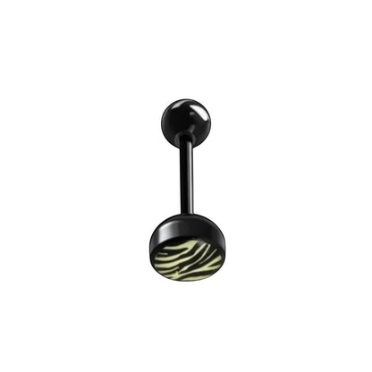Aramat Jewels black bioplast tongue piercing with zebra print design. Features a 1.6mm x 16mm bar and 7mm/6mm balls.