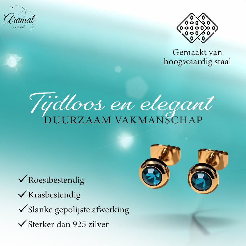 Boucles d'oreilles – Acier inoxydable doré avec zircon bleu (6 mm) 