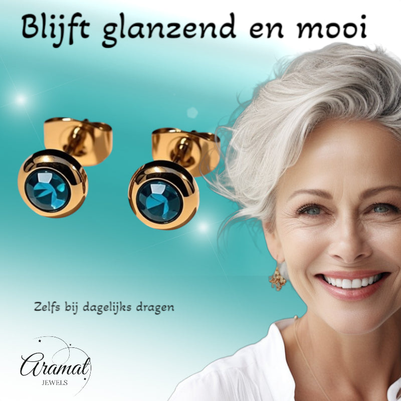 Boucles d'oreilles – Acier inoxydable doré avec zircon bleu (6 mm) 