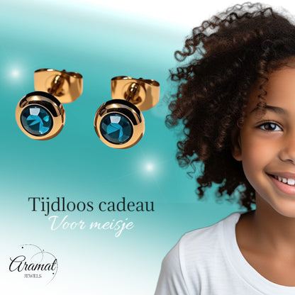 Boucles d'oreilles – Acier inoxydable doré avec zircon bleu (6 mm) 