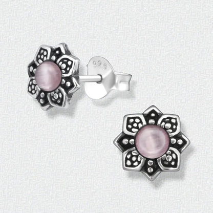 Bloem Oorbellen met Cat Eye Steen - Zilveren Sieraden - Aramat Jewels - Oorbellen - cadeautip