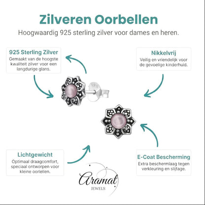Bloem Oorbellen met Cat Eye Steen - Zilveren Sieraden - Aramat Jewels - Oorbellen - cadeautip