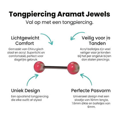 Aramat Jewels pink acrylic tongue piercing with swirling white and green accents, made of steel.