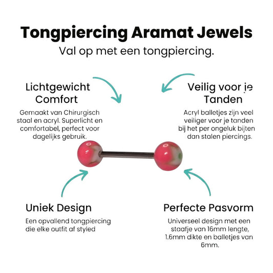 Aramat Jewels pink acrylic tongue piercing with swirling white and green accents, made of steel.