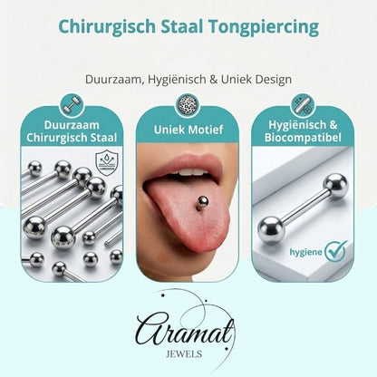 Aramat Jewels pink floral steel tongue piercing with silver barbell and 6mm balls.