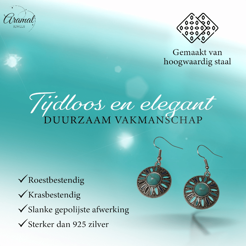 Bohemien Oorhangers met Emaille en Turquoise Steen - oor6024 - Oorhangers kopen# - 40mm - alles - bali