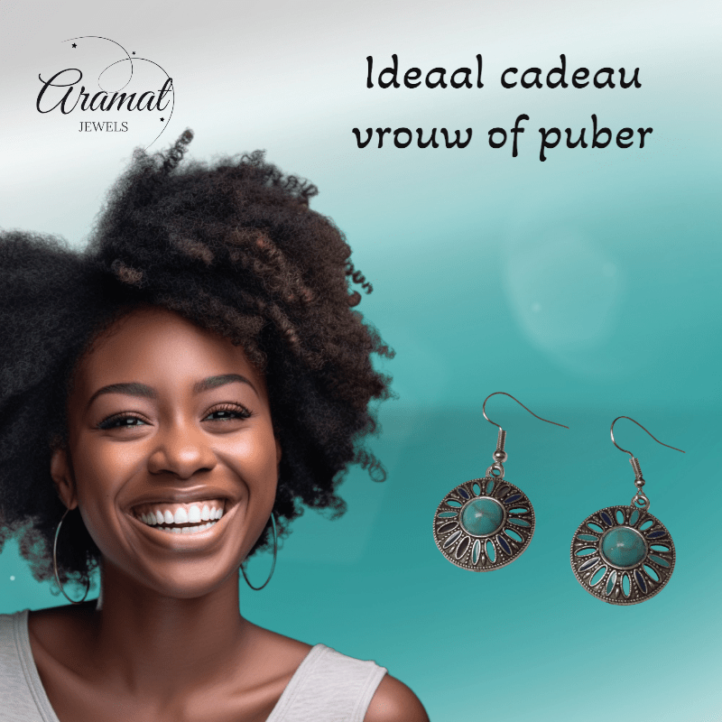 Bohemien Oorhangers met Emaille en Turquoise Steen - oor6024 - Oorhangers kopen# - 40mm - alles - bali