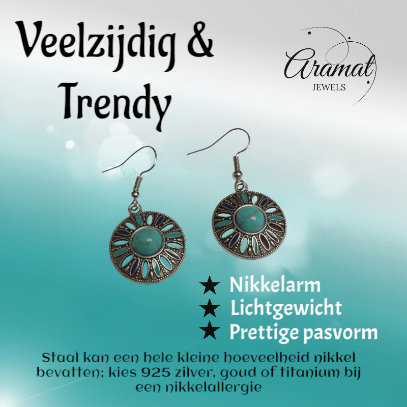 Bohemien Oorhangers met Emaille en Turquoise Steen - oor6024 - Oorhangers kopen# - 40mm - alles - bali