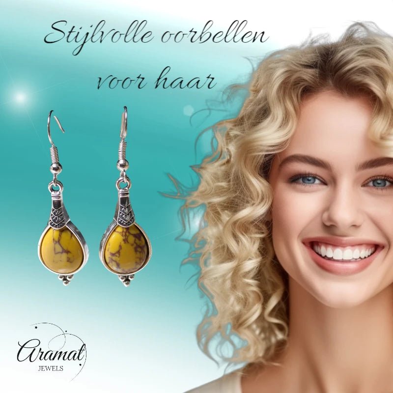 Boho Druppel Oorhangers – Gele Steen – 52x15mm - oor6032 - Oorhangers kopen# - 50mm - alles - bali