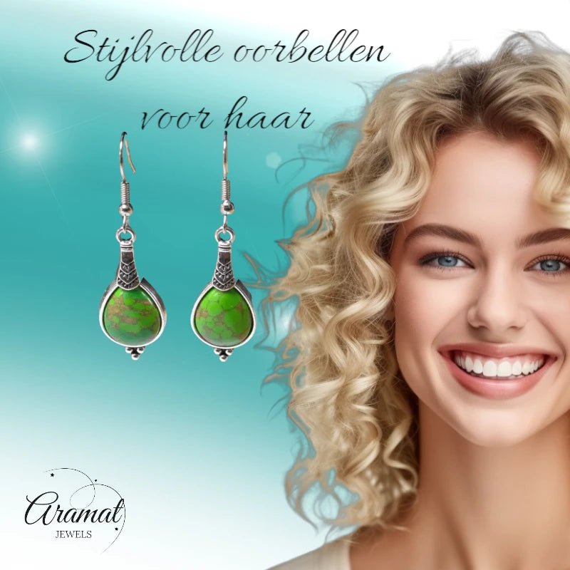Boho Druppel Oorhangers – Groen Gemarmerde Steen – 52x15mm - oor6035 - Oorhangers kopen# - 50mm - alles - bali