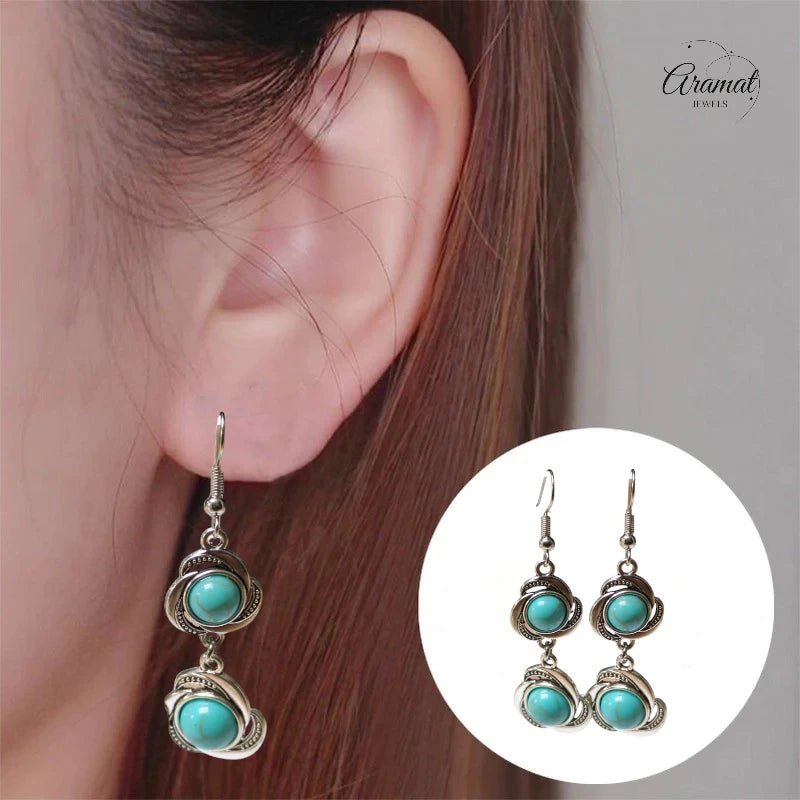 Boho Oorhangers Bloem met Blauwe Gemarmerde Steen - oor6051 - Oorhangers kopen# - 60mm - alles - bali