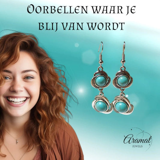Boho Oorhangers Bloem met Blauwe Gemarmerde Steen - oor6051 - Oorhangers kopen# - 60mm - alles - bali