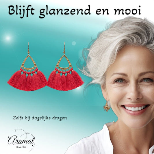 Boho Oorhangers met Kwastjes – Rood 55x30mm - Aramat Jewels - Oorbellen - cadeautip