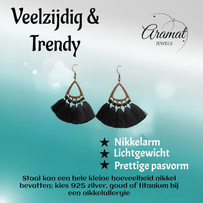 Boho Oorhangers met Kwastjes – Zwart 55x30mm - Aramat Jewels - Oorbellen - cadeautip