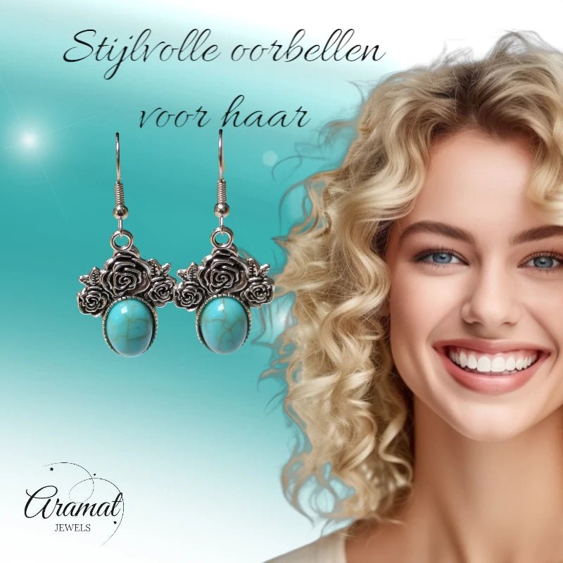 Boho Oorhangers met Lichtblauwe Steen – Rozen detail 48x21mm - oor6055 - Oorhangers kopen# - 50mm - alles - bali