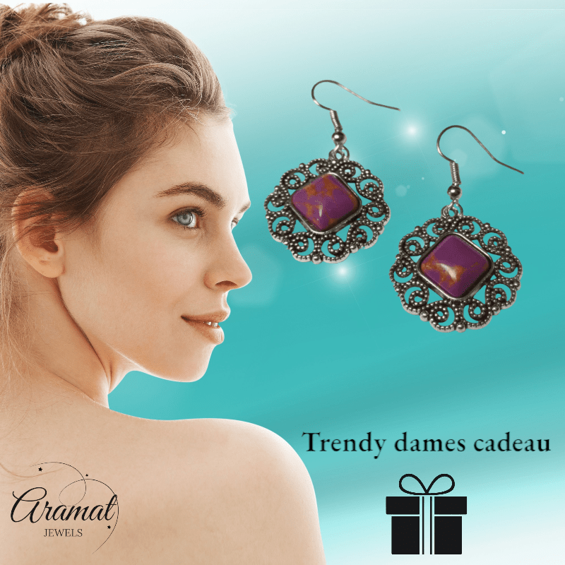 Boho Oorhangers met Paarse Gemarmerde Steen - oor6026 - Oorhangers kopen# - 45mm - alles - bali