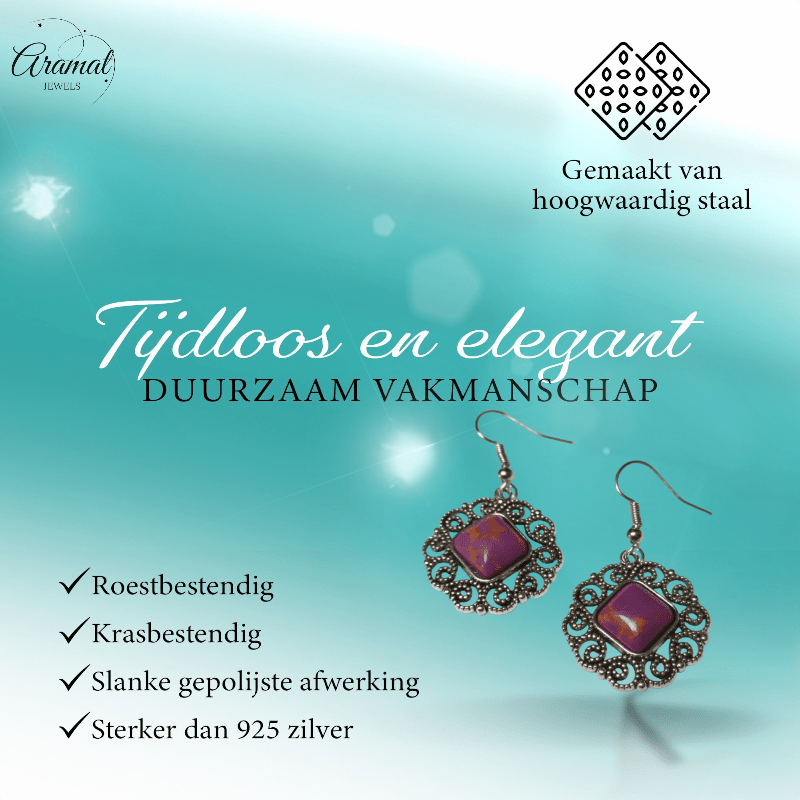 Boho Oorhangers met Paarse Gemarmerde Steen - oor6026 - Oorhangers kopen# - 45mm - alles - bali